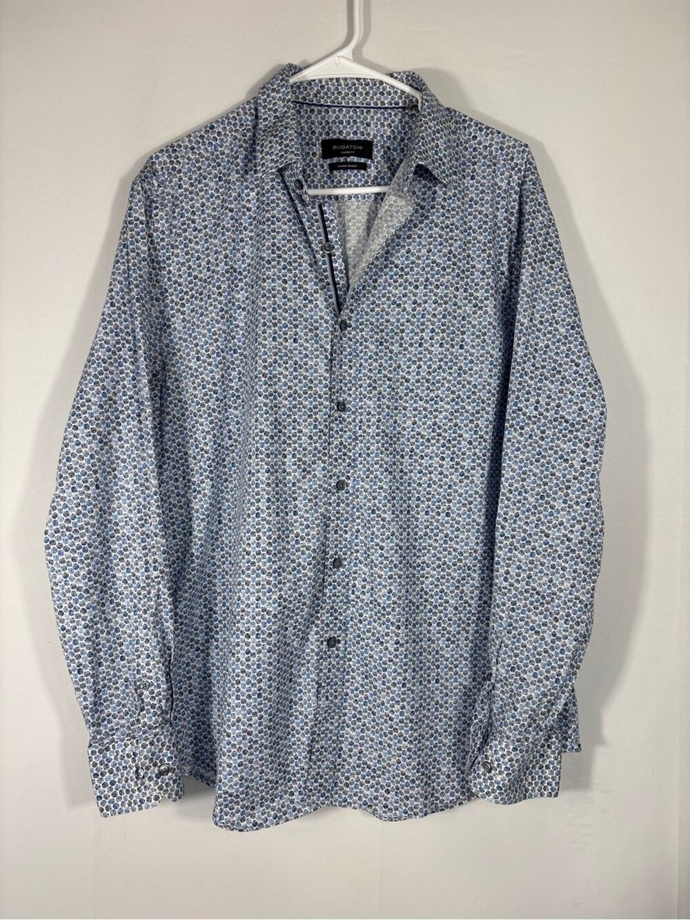 Bugatchi Shaped Fit Comfort Stretch Button Shirt Blue Geometric Print Lg 0163